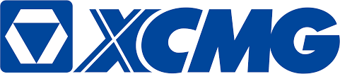 The XCMG logo features bold blue letters XCMG with a geometric emblem on the left, consisting of a hexagon enclosing a downward-pointing arrow.
