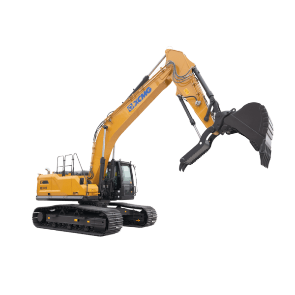 A large yellow XCMG hydraulic excavator with a black bucket attachment and rubber tracks, shown on a white background.