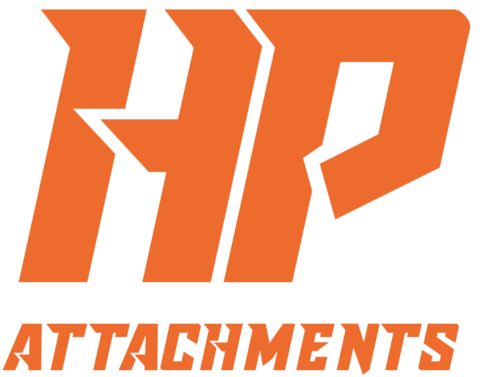 Bold orange letters HP in a stylized, geometric font, with the word ATTACHMENTS in all caps below, also in orange, using a matching angular typeface. The background is white.