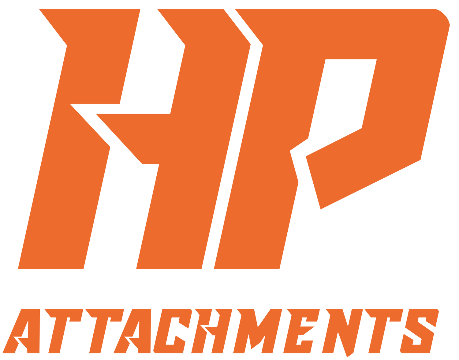 Bold orange letters HP in a stylized, geometric font, with the word ATTACHMENTS in all caps below, also in orange, using a matching angular typeface. The background is white.