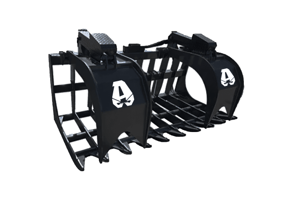 A heavy-duty metal grapple attachment for construction equipment, featuring two hinged arms with strong tines and a logo of a stylized A on each side.