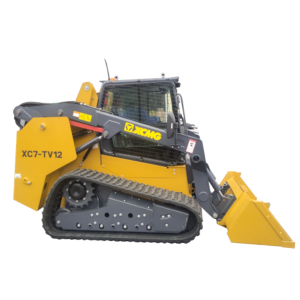 A yellow XCMG hydraulic excavator with a large arm and bucket attachment, resting on black crawler tracks, isolated on a white background.