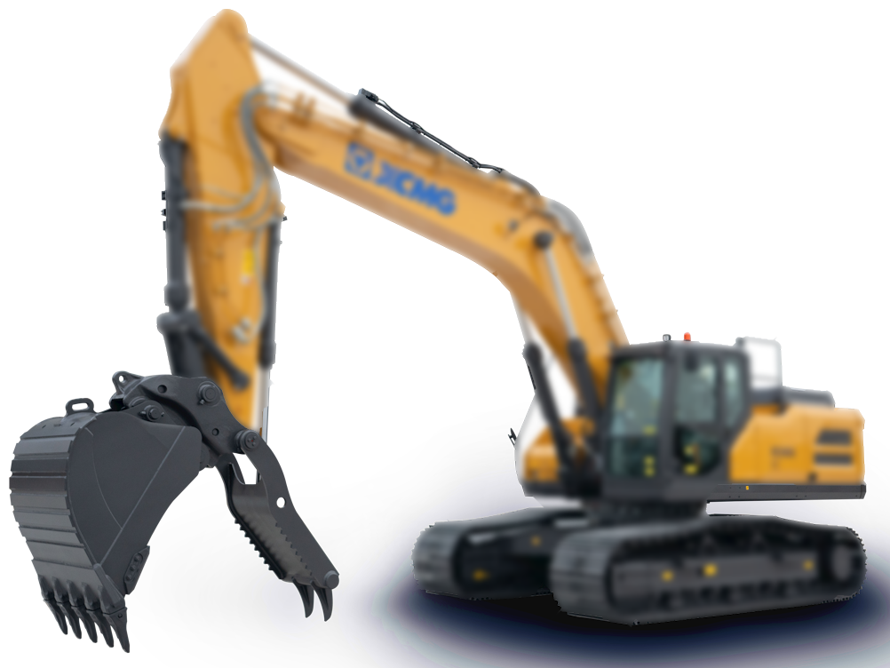 A large yellow hydraulic excavator with a claw attachment, black tracks, and the XCMG logo on the arm, isolated on a white background.