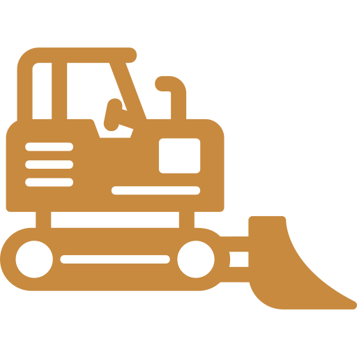 Simple brown icon of a bulldozer with a cab, continuous tracks, and a large front blade, shown in a side profile on a transparent background.