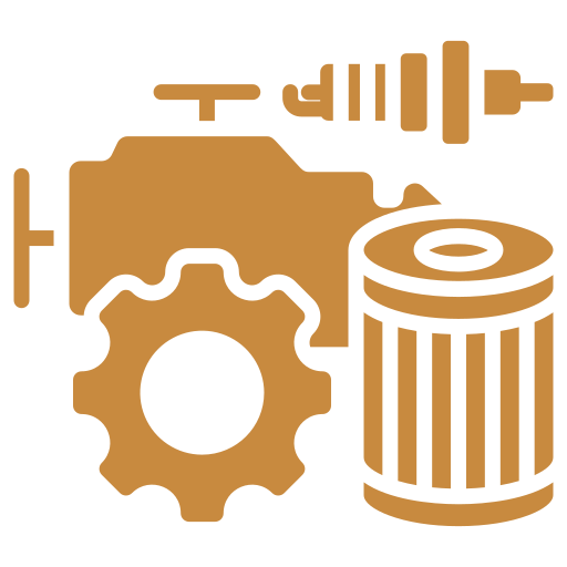 Illustration of an engine, a gear, a spark plug, and an oil filter, symbolizing automotive parts or engine maintenance. The image is in a monochrome brown color scheme.