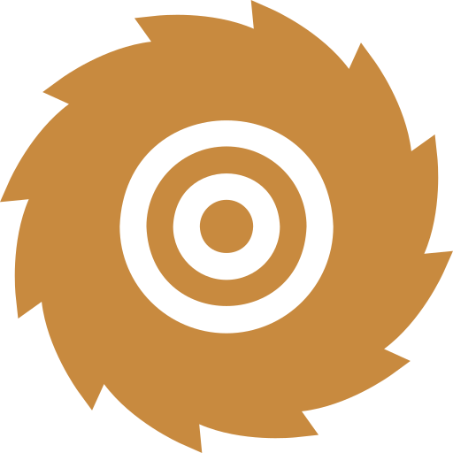 A stylized brown circular saw blade icon with sharp, jagged edges and two concentric circles in the center, set against a transparent background.
