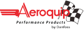 The Aeroquip logo in red text with stylized wings, a checkered racing flag, and the tagline Performance Products by Danfoss underneath.