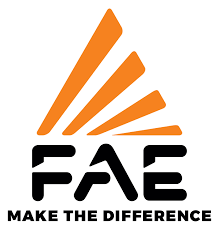 Logo with four orange diagonal lines forming a triangular shape above the bold black letters FAE. Below, the phrase MAKE THE DIFFERENCE is written in uppercase black letters.