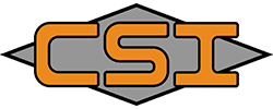 Logo with large, bold, orange letters CSI outlined in black, set against a gray, angular, hexagonal background with a black border.