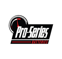 Logo for Pro-Series Batteries, featuring bold white text on a black-background banner with a red underline. A stylized speedometer with a red needle is positioned to the left of the text.