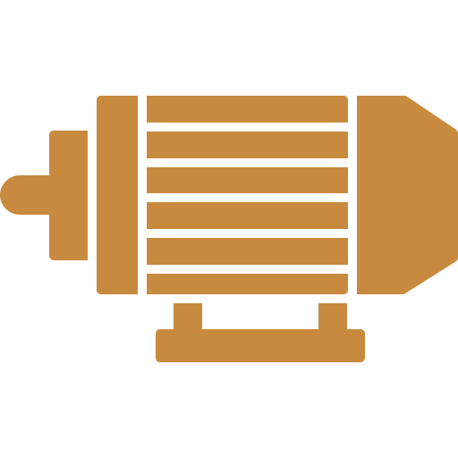 Icon of an electric motor in solid brown color, featuring a cylindrical body with horizontal lines, a shaft on the left side, and mounted on a rectangular base.