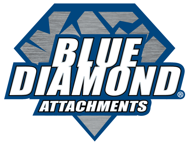 Logo with a stylized blue diamond shape and the words Blue Diamond Attachments in bold white letters outlined in blue and black. The diamond has a metallic texture background.