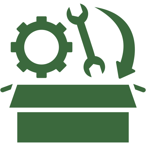 An open box with a gear, a wrench, and a curved arrow above it, symbolizing tools or components being added to or taken from the box, representing setup, configuration, or unpacking.