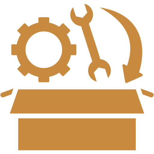 A brown icon showing an open box with a gear, a wrench, and a downward arrow above it, suggesting tools or settings being added to the box.