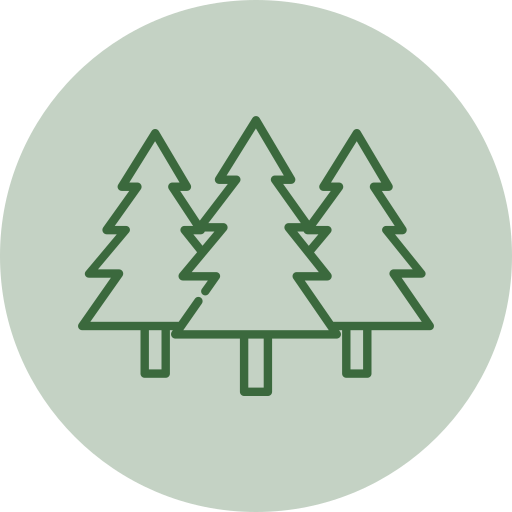 A simple green outline of three pine trees inside a light green circle, representing a forest or nature.