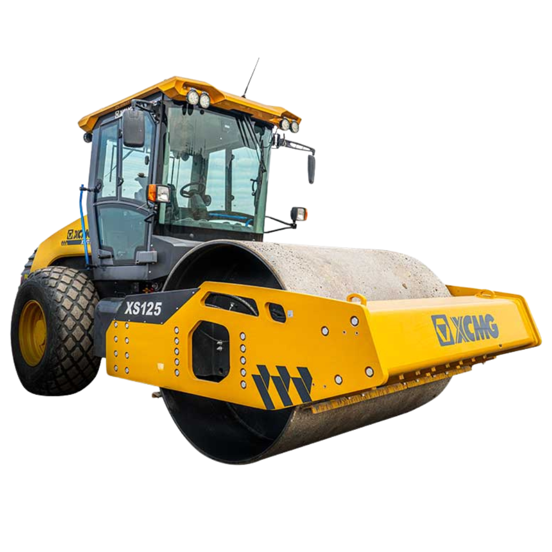 A yellow XCMG hydraulic excavator with a large arm and bucket attachment, resting on black crawler tracks, isolated on a white background.