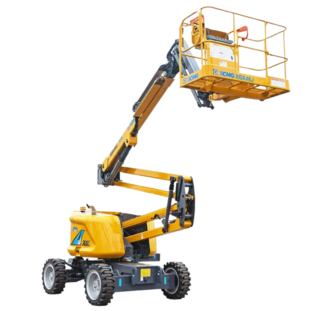 A yellow XCMG hydraulic excavator with a large arm and bucket attachment, resting on black crawler tracks, isolated on a white background.