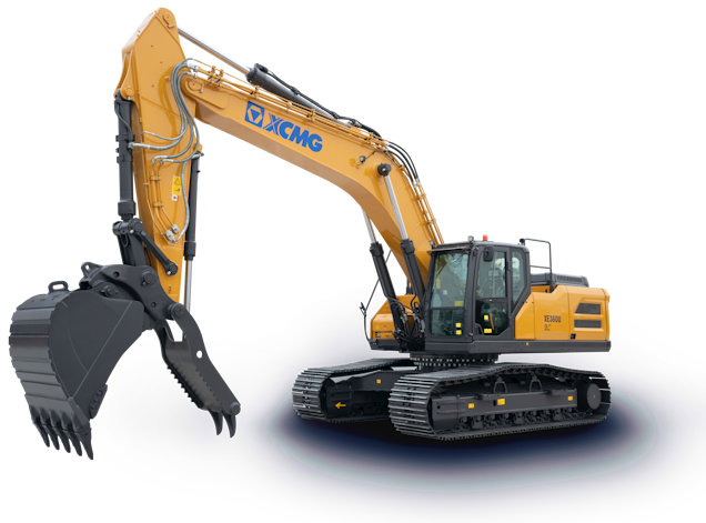A large yellow hydraulic excavator with a claw attachment, black tracks, and the XCMG logo on the arm, isolated on a white background.