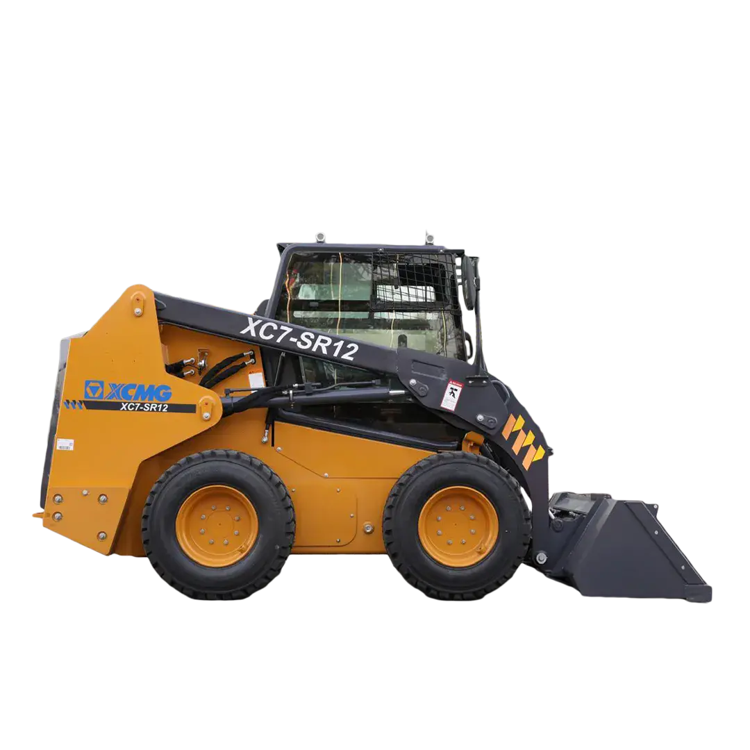 A yellow and black XCMG excavator with a large mechanical claw attachment and crawler tracks, isolated on a white background.